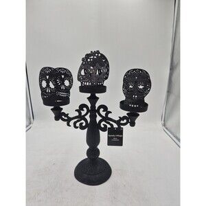 Spooky Village Black Skull Candelabra Halloween Day Of The Dead Candle Holder